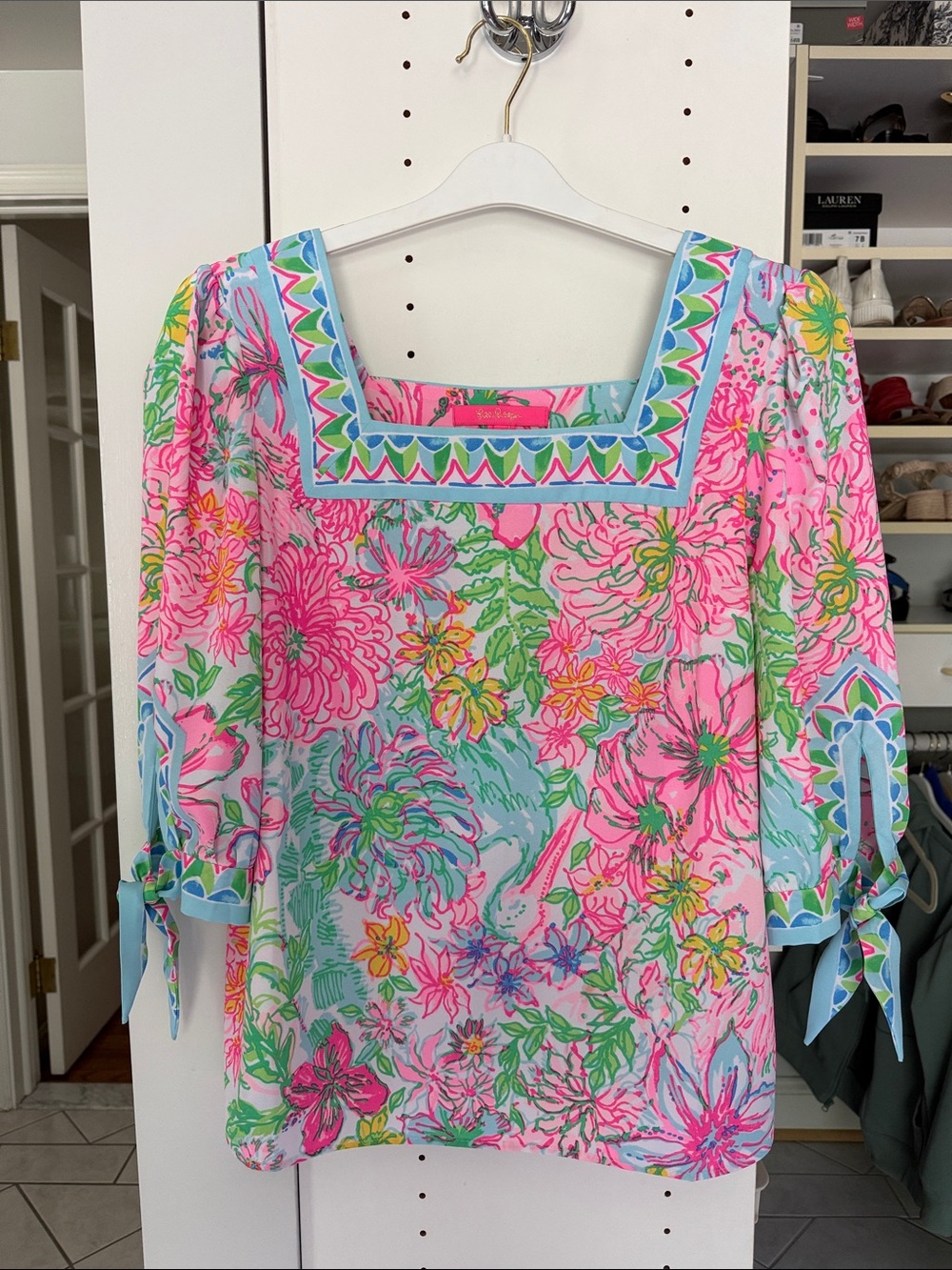 Lilly Pulitzer Pink Floral Square-Neck Blouse with Aqua Trim NWOT